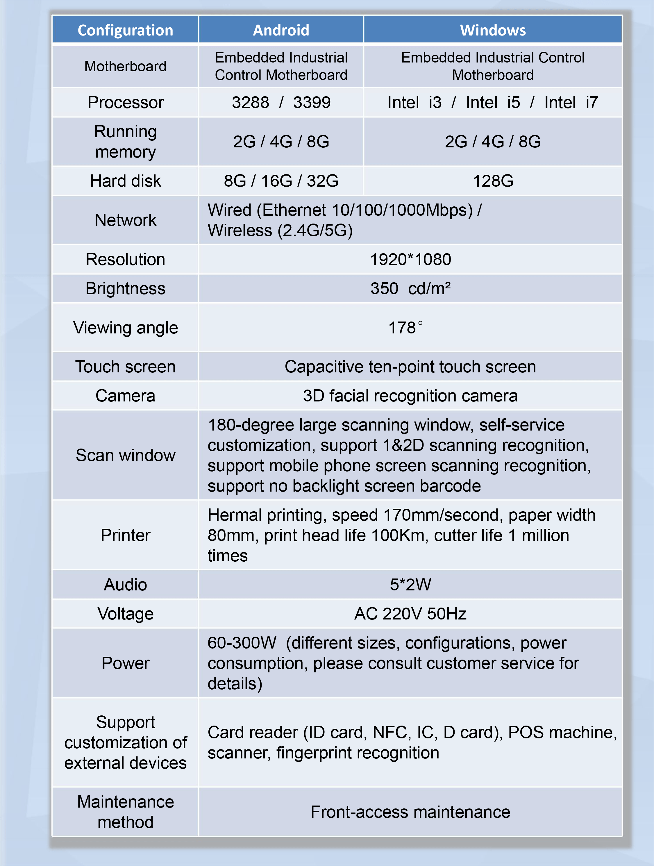 C1series 셀프 서비스 체크 아웃 키오스크 생산 구성 매개변수 